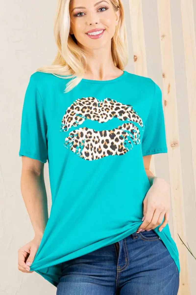 Heimish Full Size Leopard Lip Round Neck T-Shirt Plus Size - Love Salve
